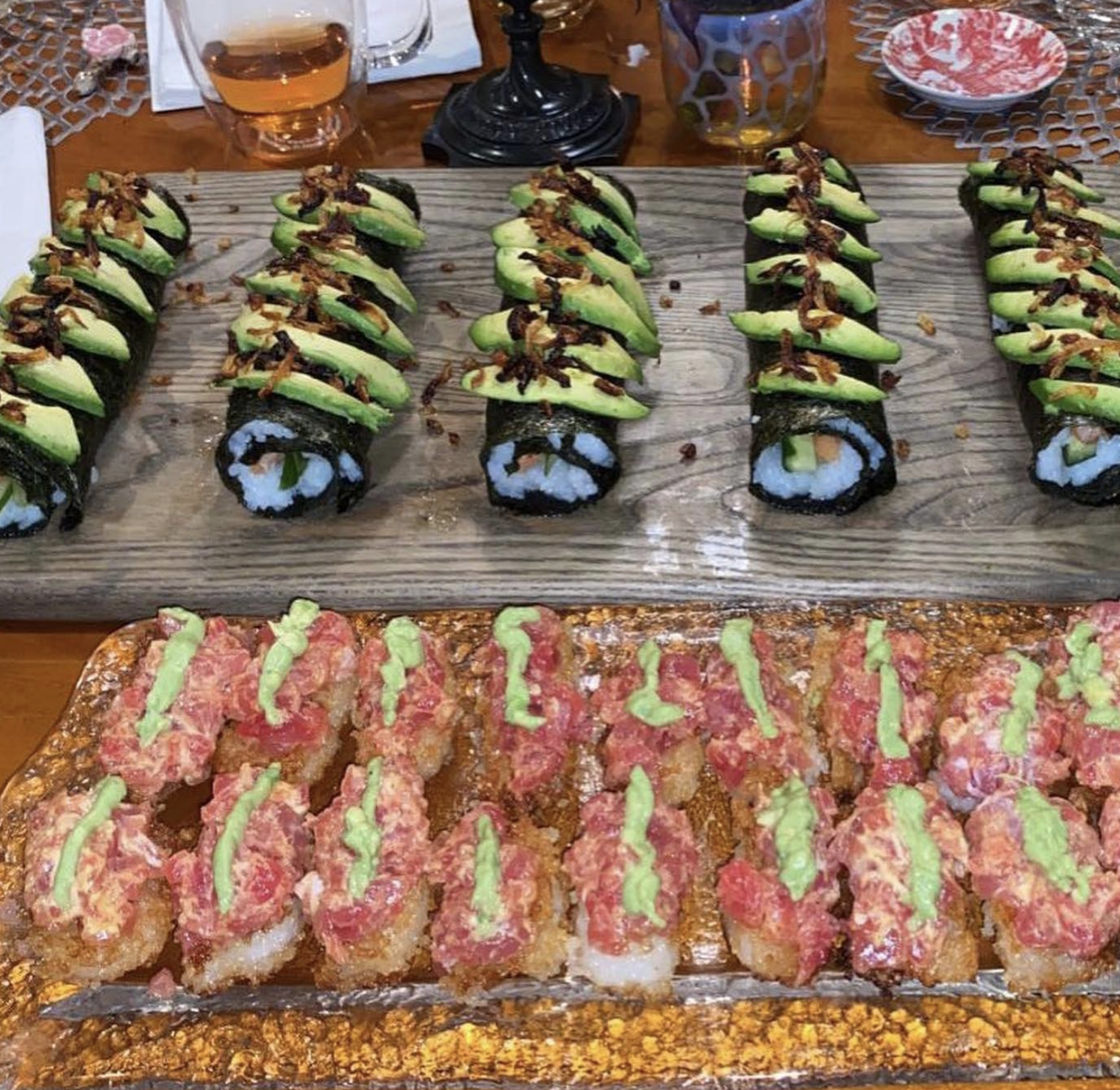 Homemade sushi rolls with tuna and avocado