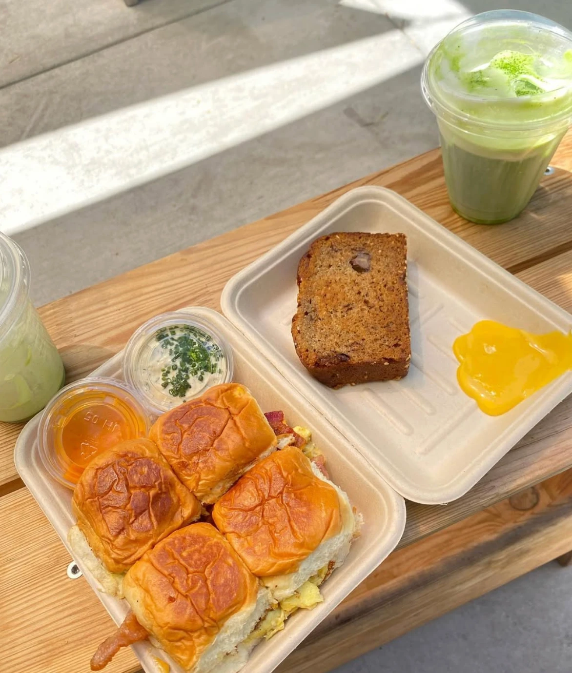 Community Goods breakfast sliders and matcha